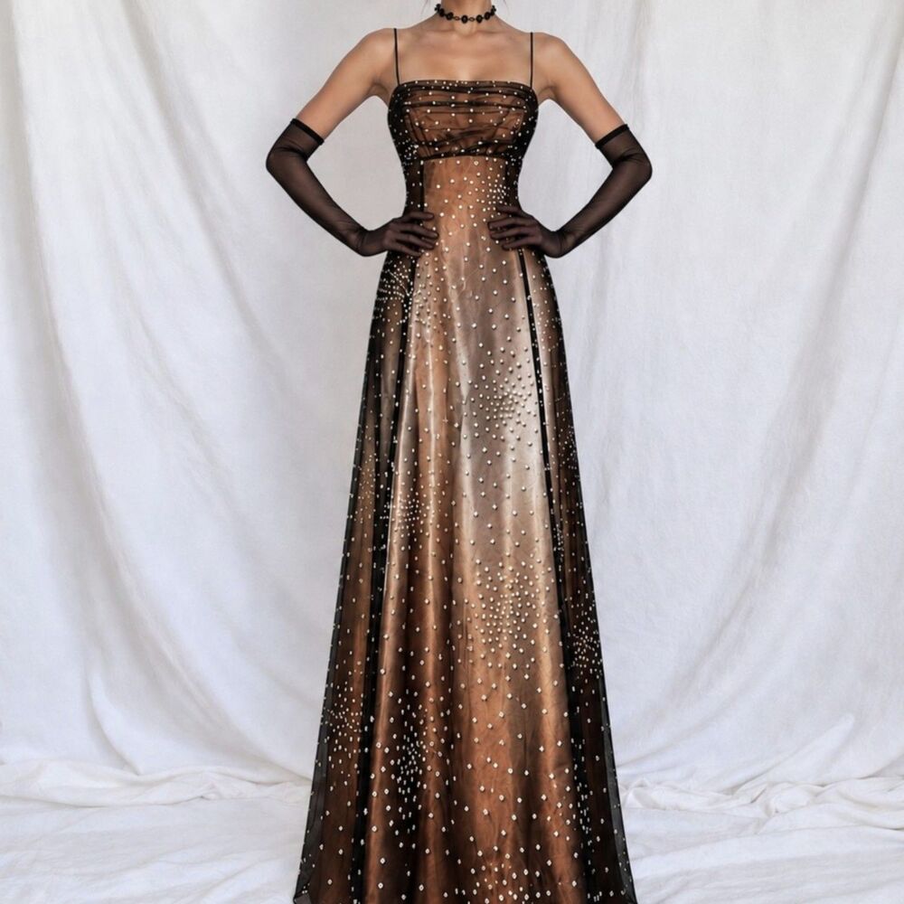 Vintage Brown Mesh Polka Dot Satin Fit Flared Babydoll Maxi Prom Dress Size M